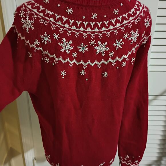 Christmas Cardigan Sweater Small Red Pearls Jewels Snowflakes Raglan-Sleeve - Picture 7 of 12